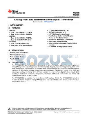 AFE7225IRGCR datasheet - Analog Front End Wideband Mixed-Signal Transceiver