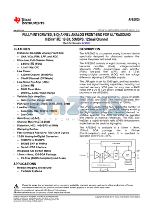 AFE5805ZCFR datasheet - FULLY-INTEGRATED,8-CHANNEL ANALOG FRONT-END FOR ULTRASOUND 0.85nV/Hz, 12-Bit, 50MSPS, 122mW/Channel