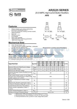 ARS25G datasheet - 25.0 AMPS. High Current Button Rectifiers