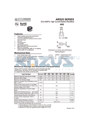 ARS25G datasheet - 25.0 AMPS. High Current Button Rectifiers