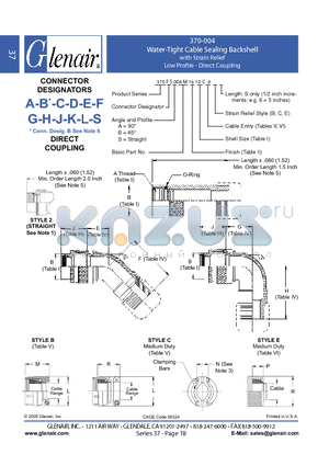 370FA004NF12 datasheet - Water-Tight Cable Sealing Backshell