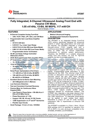 AFE5807 datasheet - Fully Integrated, 8-Channel Ultrasound Analog Front End with Passive CW Mixer, 1.05 nV/rtHz, 12-Bit, 80 MSPS, 117 mW/CH