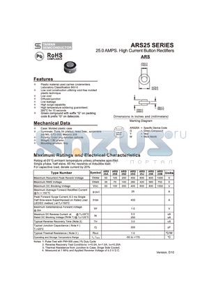 ARS25M datasheet - 25.0 AMPS. High Current Button Rectifiers