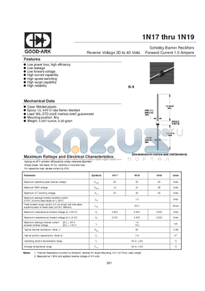 1N19 datasheet - Schottky Barrier Rectifiers Reverse Voltage 20 to 40 Volts Forward Current 1.0 Ampere