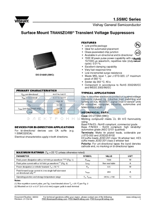 1.5SMC82A datasheet - Surface Mount TRANSZORB^ Transient Voltage Suppressors