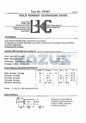 1N191 datasheet - Gold Bonded Germanium Diode(Peak Inverse Voltage : 90V, Peak Forward Current : 500mA)