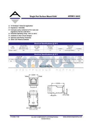 ARSM11-3652I datasheet - Single Port Surface Mount RJ45