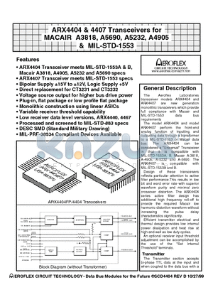 ARX4404-001-2 datasheet - ARX4404 & 4407 Transceivers for MACAIR A3818, A5690, A5232, A4905 & MIL-STD-1553