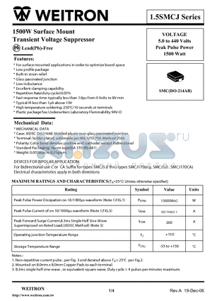 1.5SMCJ10CA datasheet - 1500W Surface Mount Transient Voltage Suppressor