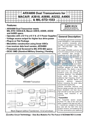 ARX4808-2 datasheet - VARX4808 Dual Transceivers for MACAIR A3818, A5690, A5232, A4905 & MIL-STD-1553