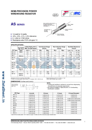 AS-10 datasheet - SEMI-PRECISION POWER WIREWOUND RESISTOR