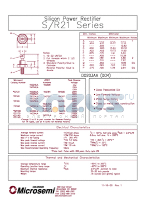 1N2258 datasheet - SILICON POWER RECTIFIER