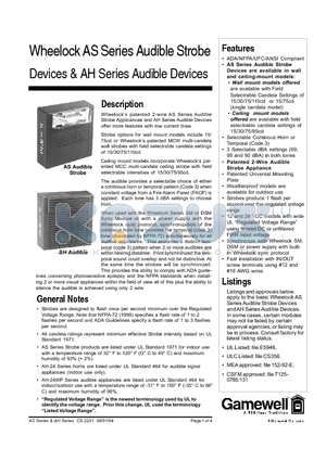 AS-121575W-FR datasheet - Wheelock AS Series Audible Strobe Devices & AH Series Audible Devices