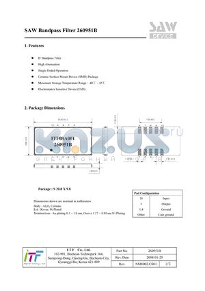260951B datasheet - SAW Bandpass Filter