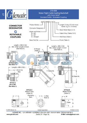 370GB008NF13 datasheet - Water-Tight Cable Sealing Backshell