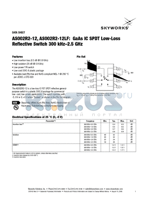 AS002R2-12 datasheet - GaAs IC SPDT Low-Loss Reflective Switch 300 kHz-2.5 GHz