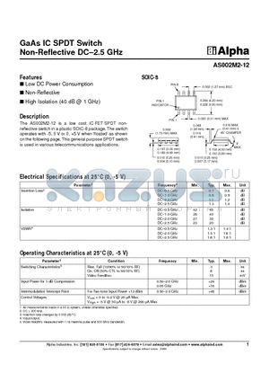 AS002M2-12 datasheet - GaAs IC SPDT Switch Non-Reflective DC-2.5 GHz