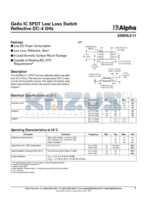 AS004L2-11 datasheet - GaAs IC SPDT Low Loss Switch Reflective DC-4 GHz