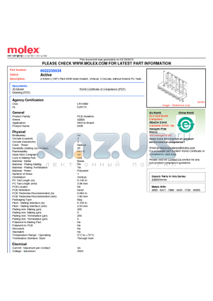 A-43009-0003 datasheet - 2.54mm (.100) Pitch KK^ Solid Header, Vertical, 3 Circuits, without Kinked PC Tails