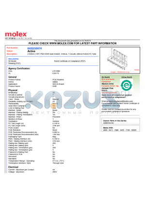 A-43009-0007 datasheet - 2.54mm (.100) Pitch KK^ Solid Header, Vertical, 7 Circuits, without Kinked PC Tails