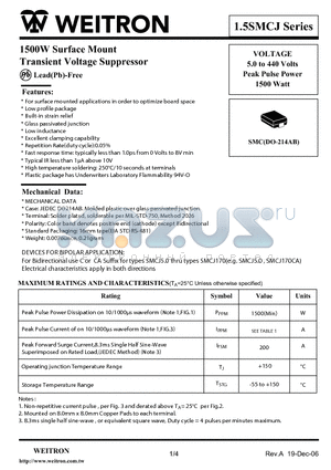 1.5SMCJ220CA datasheet - 1500W Surface Mount Transient Voltage Suppressor