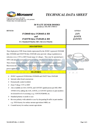 1N2807B datasheet - 50 WATT ZENER DIODES