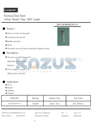 264-7SURD/S530-A3 datasheet - 3.0mm Round Type LED Lamps