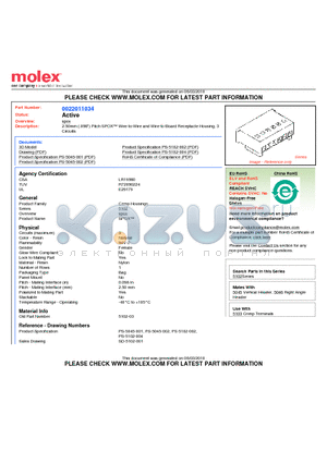 0022011034 datasheet - 2.50mm (.098) Pitch SPOX Wire-to-Wire and Wire-to-Board Receptacle Housing, 3 Circuits