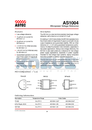 AS1004 datasheet - Micropower Voltage Reference