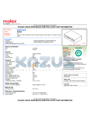 0022012075 datasheet - 2.54mm (.100) Pitch KK^ Crimp Terminal Housing, Friction Ramp, 7 Circuits, Use with 4809