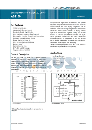 AS1100PE datasheet - Serially Interfaced, 8-Digit LED Driver