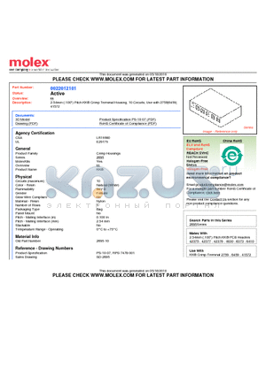 0022012101 datasheet - 2.54mm (.100) Pitch KK^ Crimp Terminal Housing, 10 Circuits, Use with 2759|6459|41572