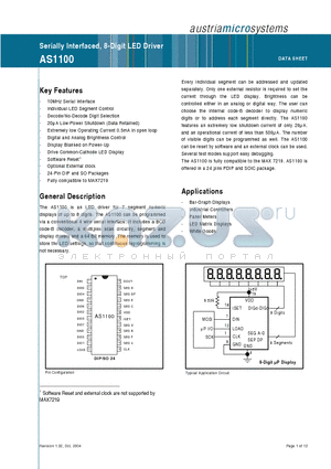 AS1100PL datasheet - Serially Interfaced, 8-Digit LED Driver