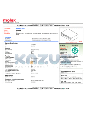 0022012121 datasheet - 2.54mm (.100) Pitch KK^ Crimp Terminal Housing, 12 Circuits, Use with 2759|41572|6459