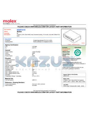 0022012151 datasheet - 2.54mm (.100) Pitch KK^ Crimp Terminal Housing, 15 Circuits, Use with 2759|41572|6459