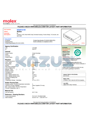 0022012155 datasheet - 2.54mm (.100) Pitch KK^ Crimp Terminal Housing, Friction Ramp, 15 Circuits, Use with 4809
