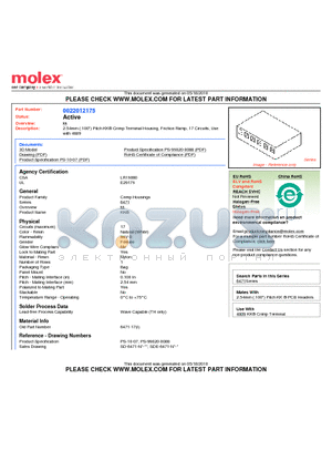 0022012175 datasheet - 2.54mm (.100) Pitch KK^ Crimp Terminal Housing, Friction Ramp, 17 Circuits, Use with 4809