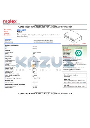0022012247 datasheet - 2.54mm (.100) Pitch KK^ Crimp Terminal Housing, Friction Ramp, 24 Circuits, Use with 2759|6459|41572