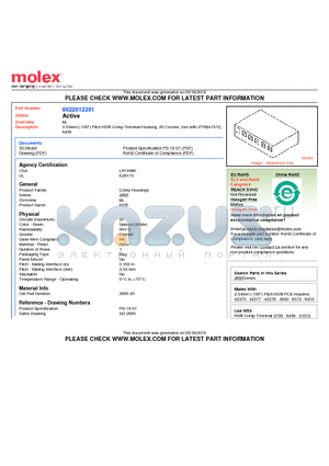 0022012201 datasheet - 2.54mm (.100) Pitch KK^ Crimp Terminal Housing, 20 Circuits, Use with 2759|41572|6459