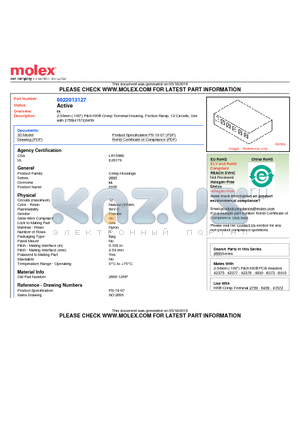 0022013127 datasheet - 2.54mm (.100) Pitch KK^ Crimp Terminal Housing, Friction Ramp, 12 Circuits, Use with 2759|41572|6459