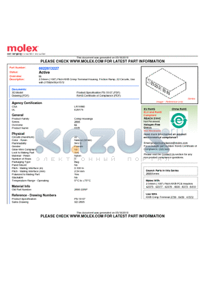 0022013227 datasheet - 2.54mm (.100) Pitch KK^ Crimp Terminal Housing, Friction Ramp, 22 Circuits, Use with 2759|6459|41572
