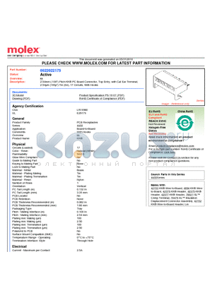 0022022175 datasheet - 2.54mm (.100) Pitch KK^ PC Board Connector, Top Entry, with Cat Ear Terminal, 2.54lm (100l) Tin (Sn), 17 Circuits, With Hooks