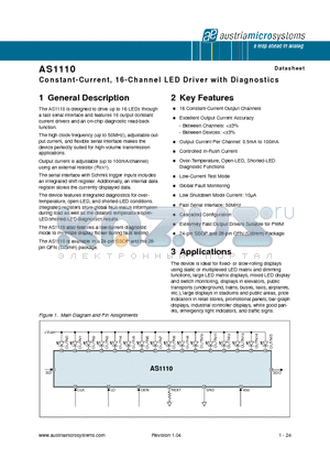 AS1110-BQFT datasheet - Constant-Current, 16-Channel LED Driver with Diagnostics