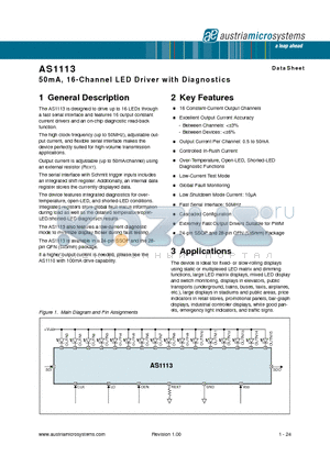 AS1113-BQFR datasheet - 50mA, 16-Channel LED Driver with Diagnostics