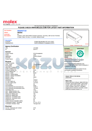 0022027133 datasheet - 2.54mm (.100) Pitch KK^ PC Board Connector, Top Entry, with Cat Ear Terminal, 2.54lm (100l) Tin (Sn), 13 Circuits, Without Hooks
