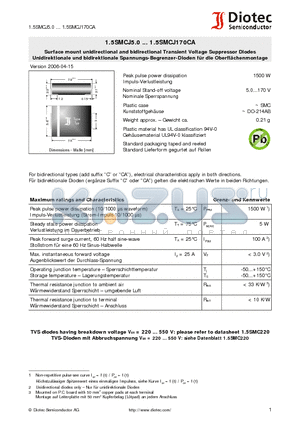 1.5SMCJ5.0 datasheet - Surface mount unidirectional and bidirectional Transient Voltage Suppressor Diodes