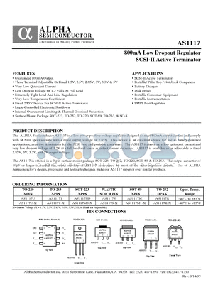 AS1117M1 datasheet - 800mA Low Dropout Regulator SCSI-II Active Terminator