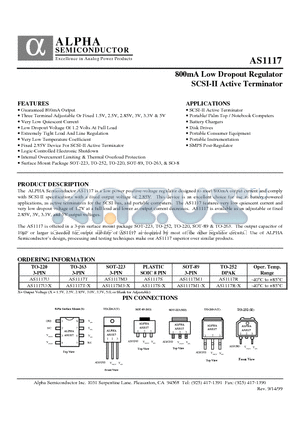 AS1117M3 datasheet - 800mA Low Dropout Regulator SCSI-II Active Terminator