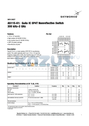AS115-61 datasheet - GaAs IC SP4T Nonreflective Switch 300 kHz-2 GHz
