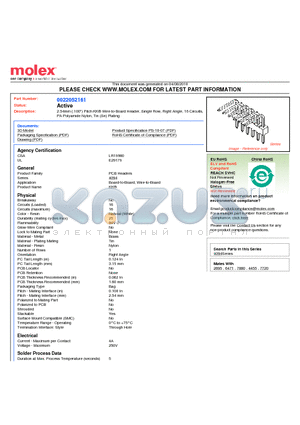 0022052161 datasheet - 2.54mm (.100) Pitch KK^ Wire-to-Board Header, Single Row, Right Angle, 16 Circuits, PA Polyamide Nylon, Tin (Sn) Plating